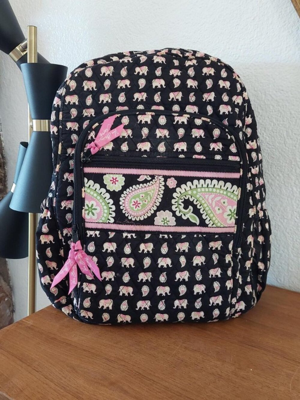 vera bradley backpack Pink & black backpack with white elephant and leaf pattern